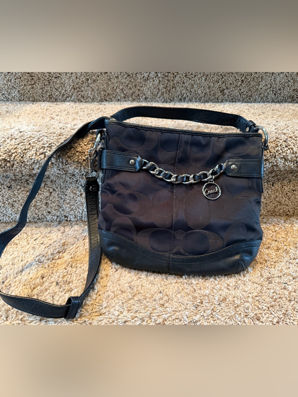 Vintage Y2K Coach F13740 Black Signature Soho Hobo Chain Bag